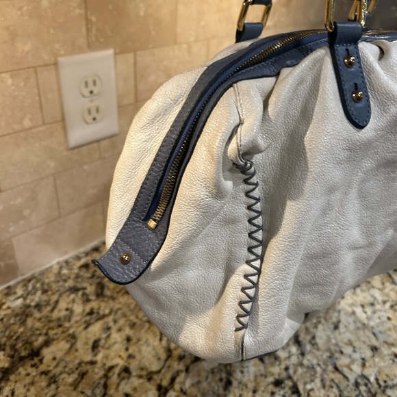 MCM Munich Leather Satchel Top Handle Bag Cream Blue Gold Hardware - Picture 4 of 13